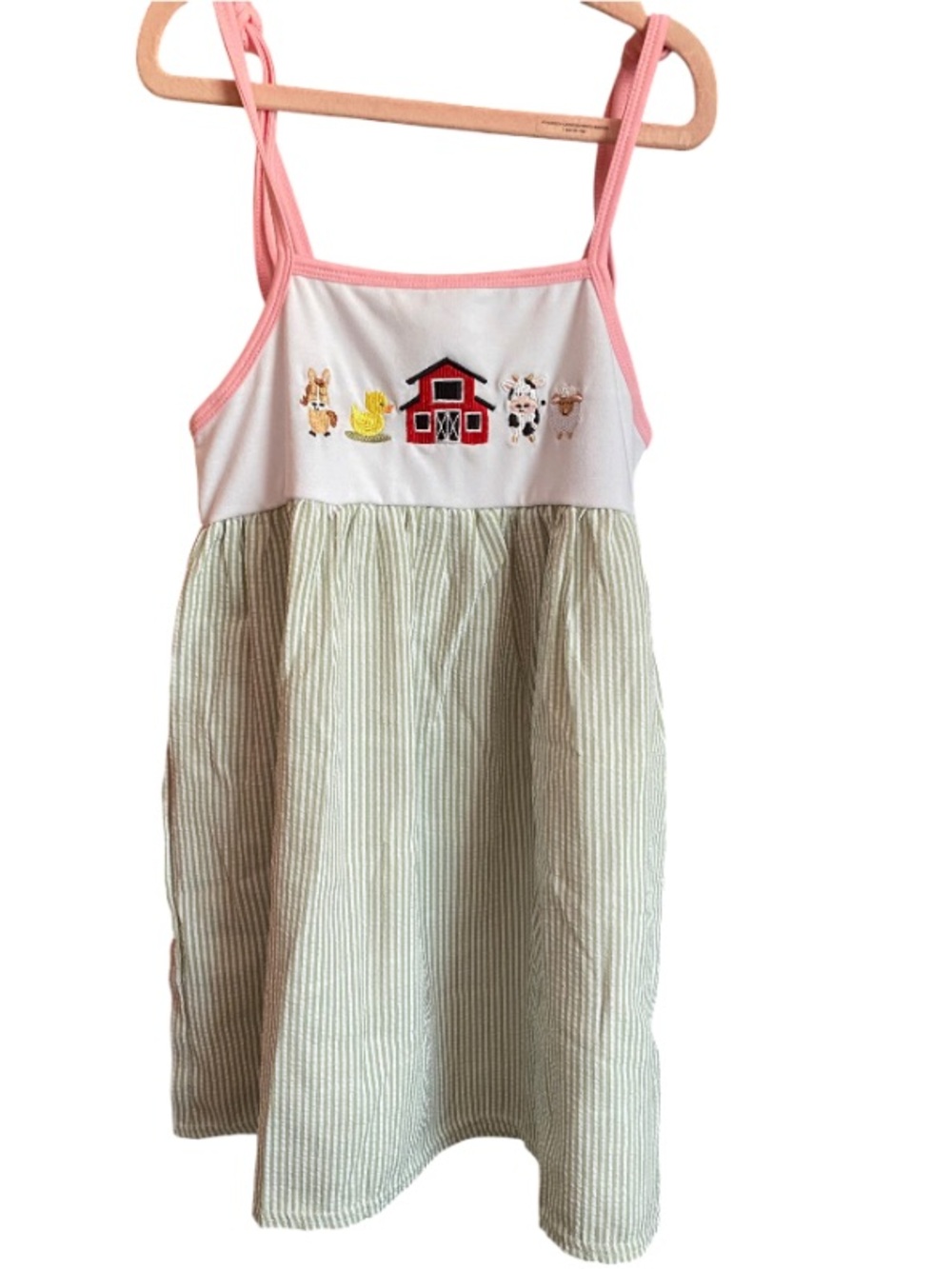 Abby & Evie Green Striped Seersucker Dress Pink-Trim Farm Animal Embroidered NWT